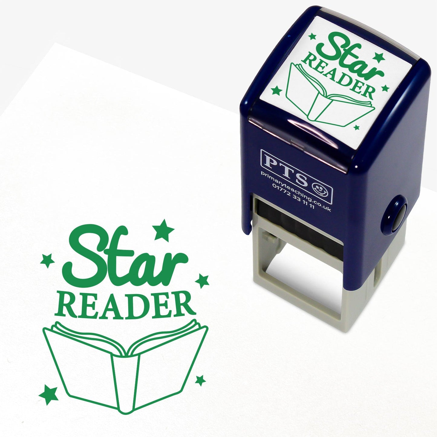 25mm Self-inking teacher stamp with the phrase 'Star Reader' in bold green text with an open book below the phrase and stars surrounding it.
