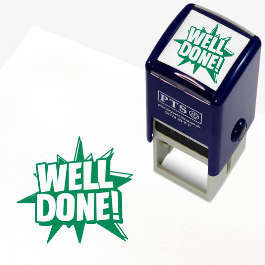 Green 25mm pre-inked stamper featuring a pop art flash with the text 'WELL DONE!' central to it.