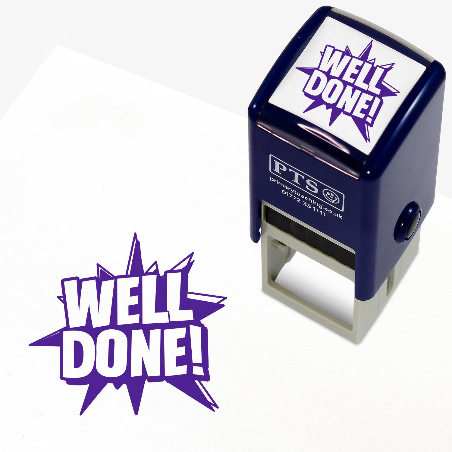 Purple 25mm pre-inked stamper featuring a pop art flash with the text 'WELL DONE!' central to it.