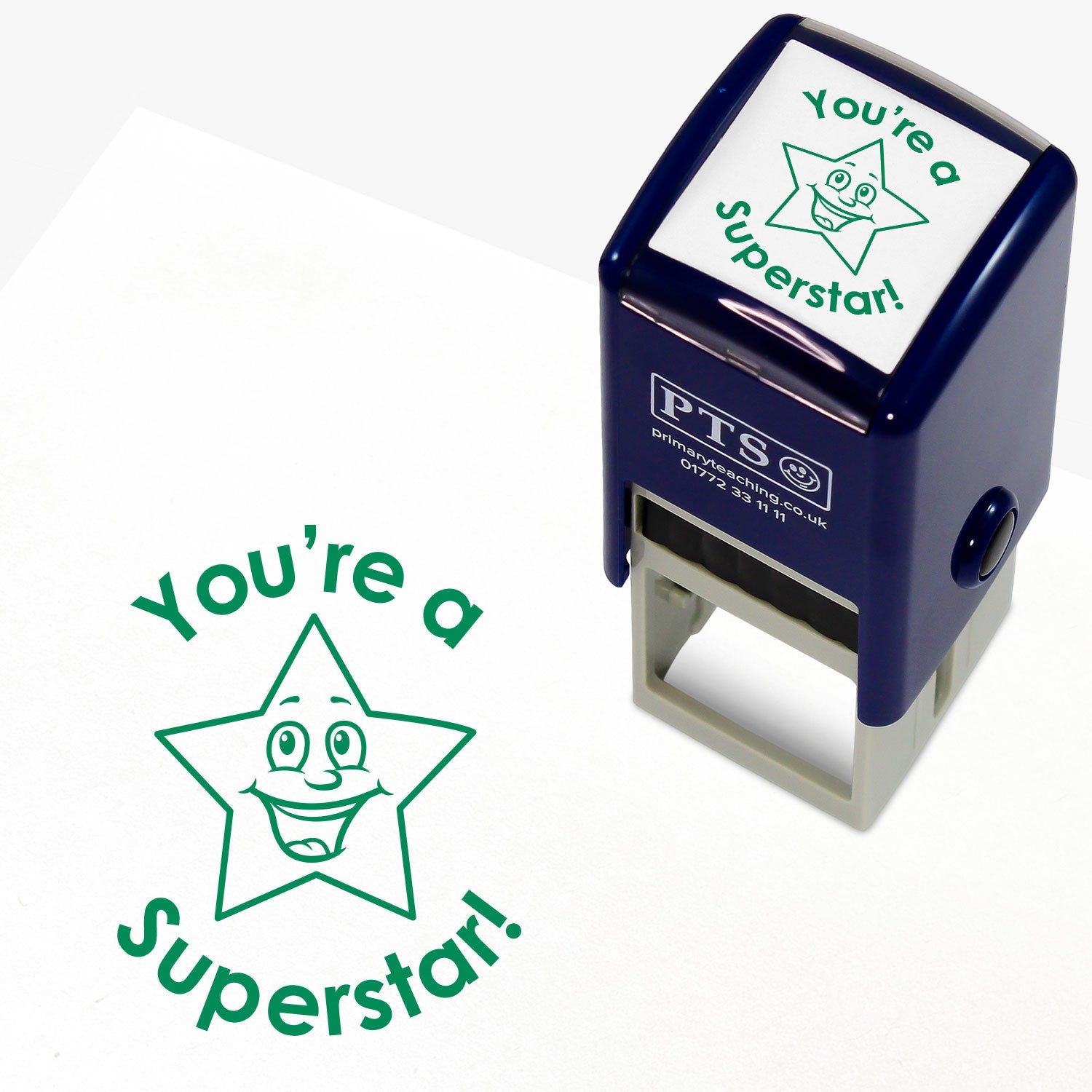 Green 25mm pre-inked stamper featuring a smiling cartoon star surrounded by the phrase 'You're a Superstar!'