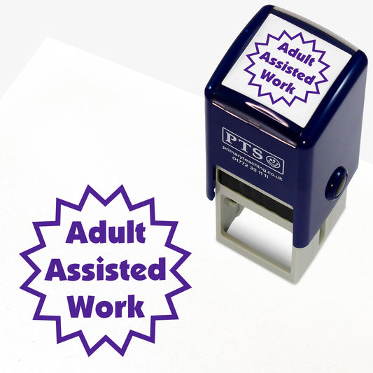 25mm self-inking stamper with purple ink.  The stamp impression text 'Adult Assisted Work' within a flash border