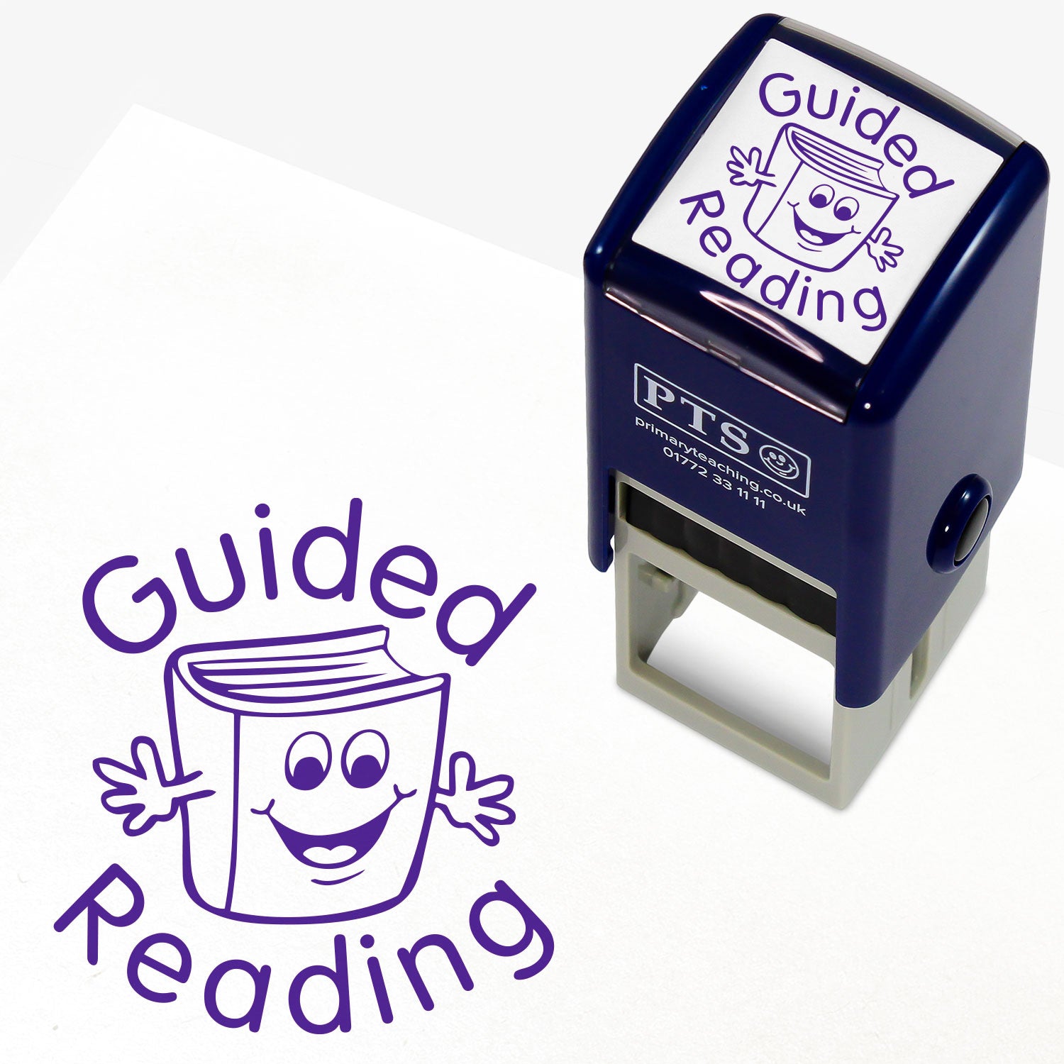 Square 25mm stamper with green ink, featuring the central image of a cartoon smiling book giving jazz hands encircled by the phrase 'Guided Reading'.