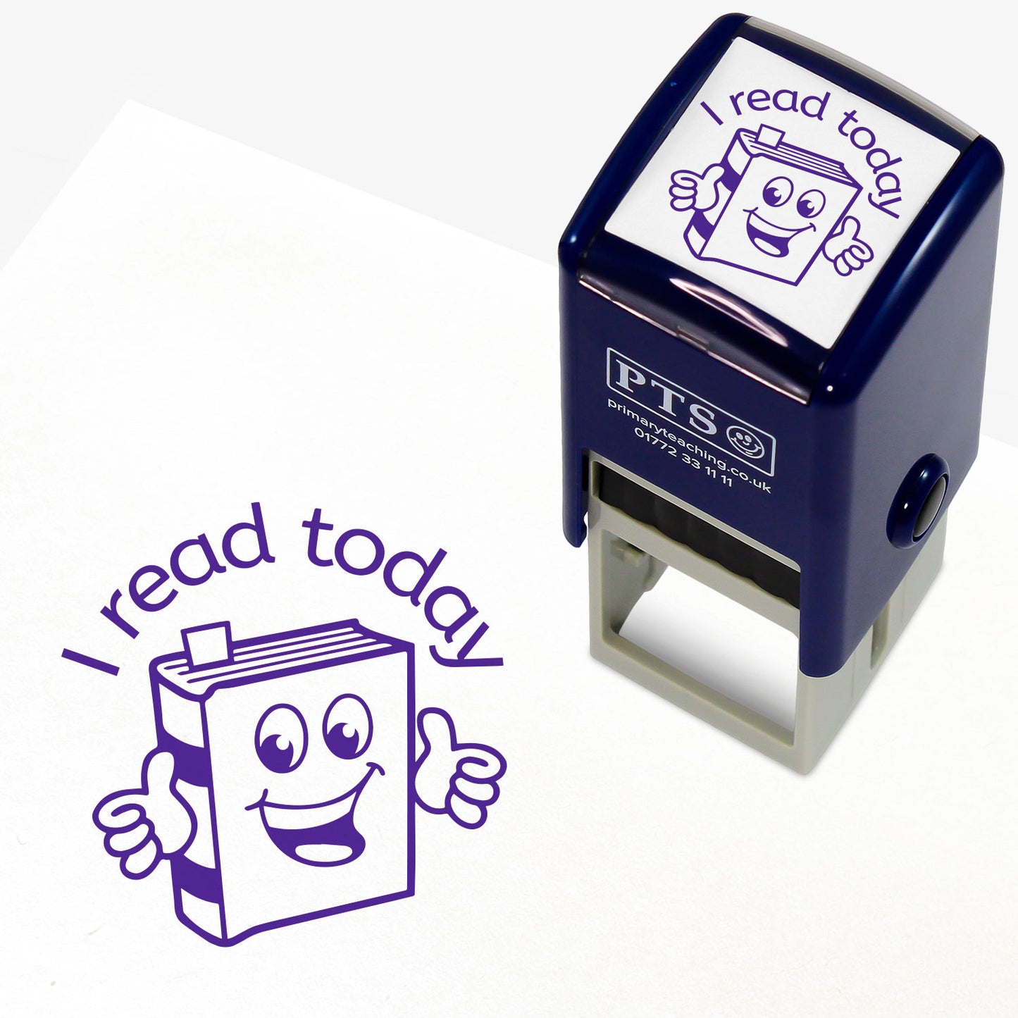 A 25mm round pre-inked teacher stamper with purple ink, featuring an illustration of a cartoon book with a smiling face and thumbs up, above which is the phrase 'I read today'.