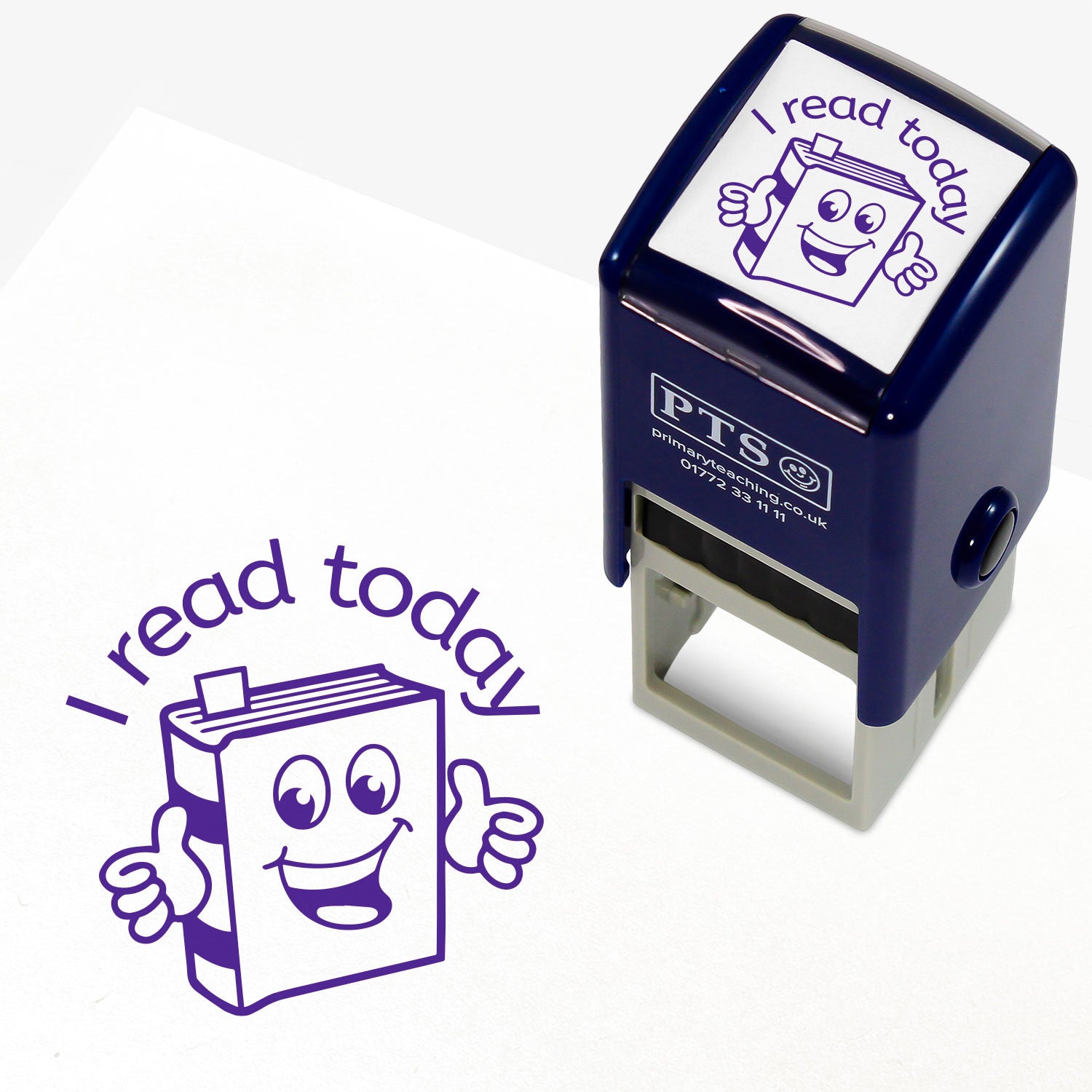 A 25mm round pre-inked teacher stamper with purple ink, featuring an illustration of a cartoon book with a smiling face and thumbs up, above which is the phrase 'I read today'.
