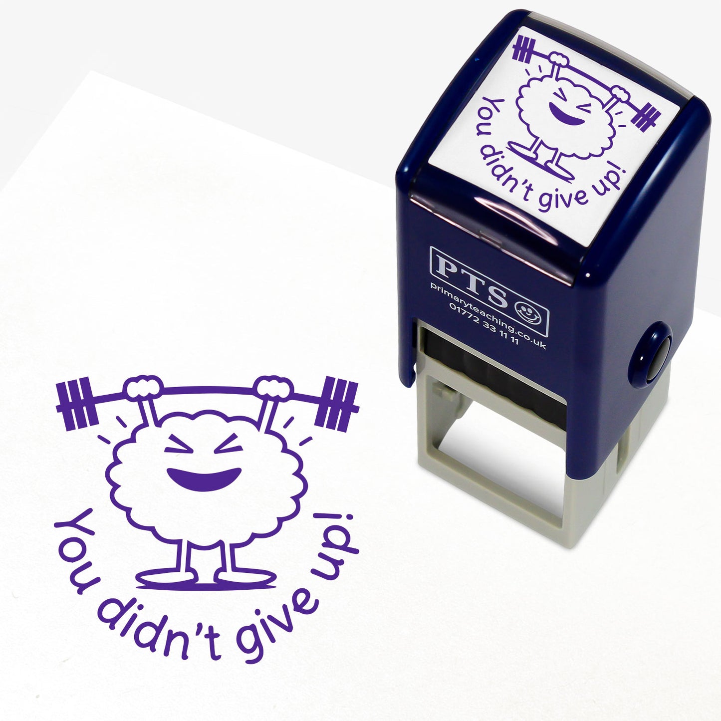 Purple 25mm pre-inked stamper featuring a brain lifting weights above it's head with the phrase 'You didn't give up!' below.