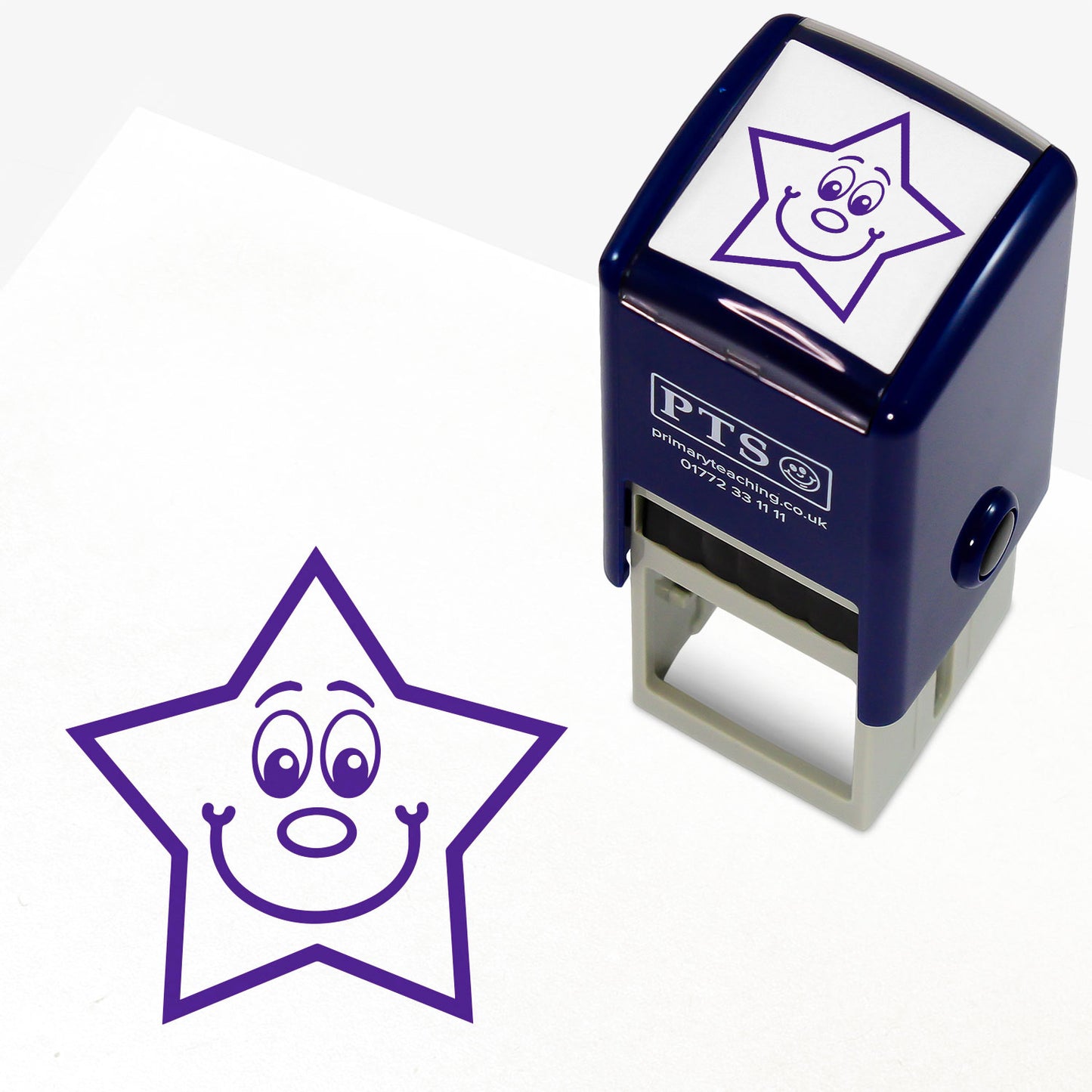 Purple 25mm pre-inked stamper featuring a smiling cartoon star  