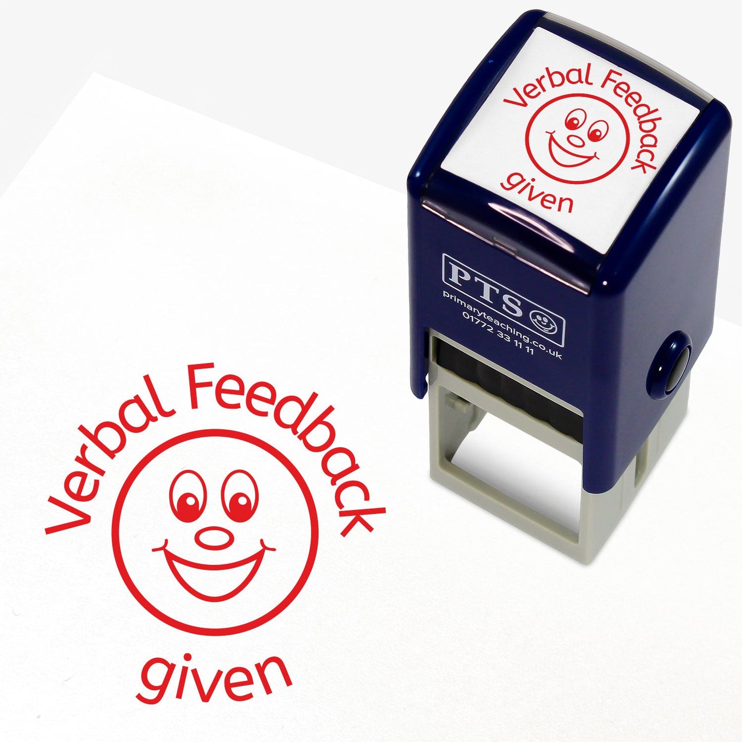 Red 25mm pre-inked stamper featuring a smiling emoji face surrounded by the phrase 'Verbal Feedback given'