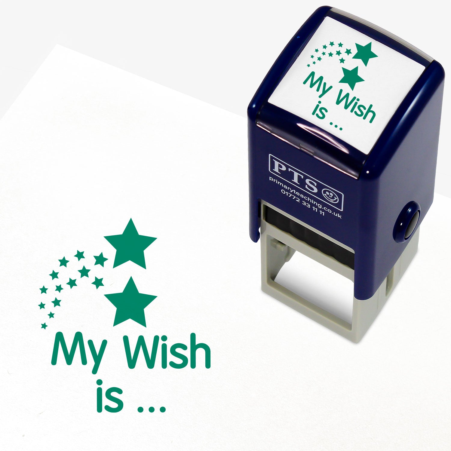 A 25mm self inking stamper with green ink showing a shower of stars with the wording 'My Wish is….' beneath.