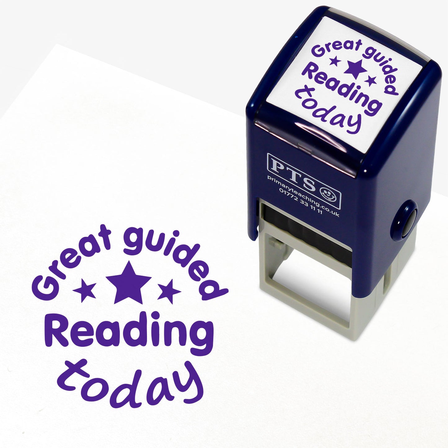 25mm self-inking stamper with purpleink.  The stamp impression shows the word Reading with three stars and above it the words 'Great guided' and below 'today'