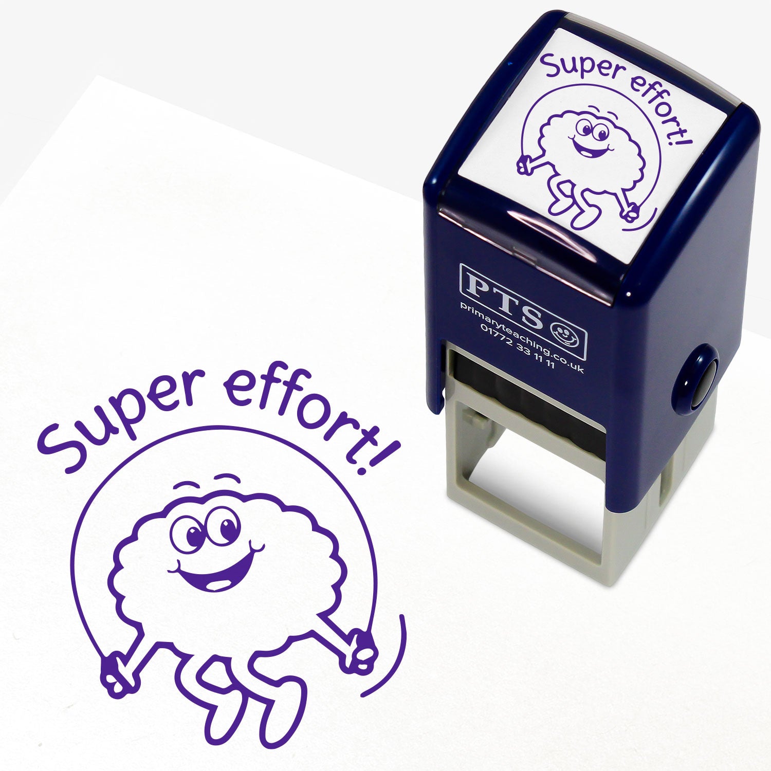 Purple self-inking teacher 25mm stamper displaying the text 'Super Effort' above the image of a smiling brain skipping.