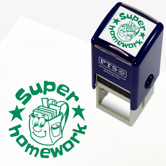 Green self-inking teacher 25mm stamper displaying the text 'Super Homework' around the central image of a cartoon school rucksack with books in.