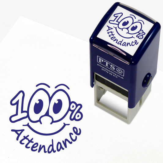 A 25mm blue self-inking stamper featuring a cheerful smiley face and the phrase '100% Attendance' in bold blue text; designed to reward pupils for perfect attendance in educational settings.