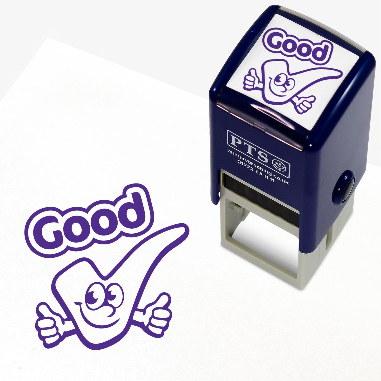 25mm self-inking stamper with purple ink.  The stamp impression shows a main image of a smiling tick icon with it's thumbs up and above it the word 'Good'.