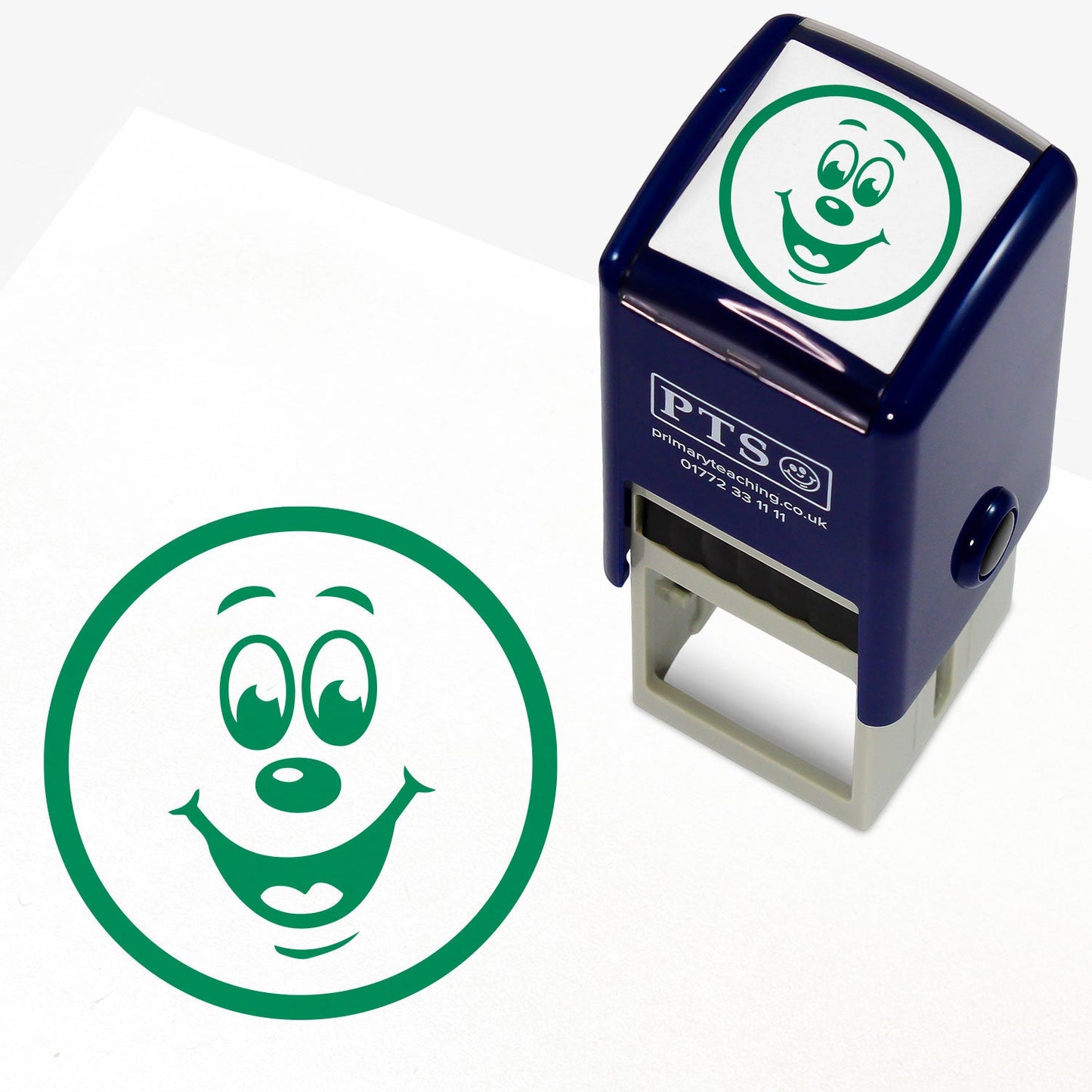 Green 20mm pre-inked stamper featuring a smiling cartoon emoji face