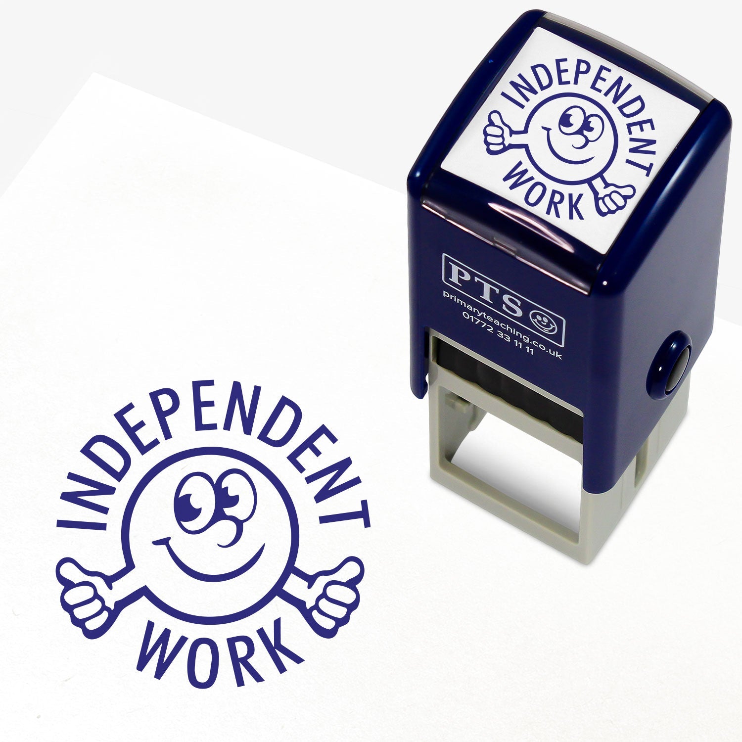 A 25mm round pre-inked teacher stamper with blue ink, featuring a central design of a happy face giving thumbs up, surrounded by the text 'INDEPENDENT WORK' in a clear, bold font.
