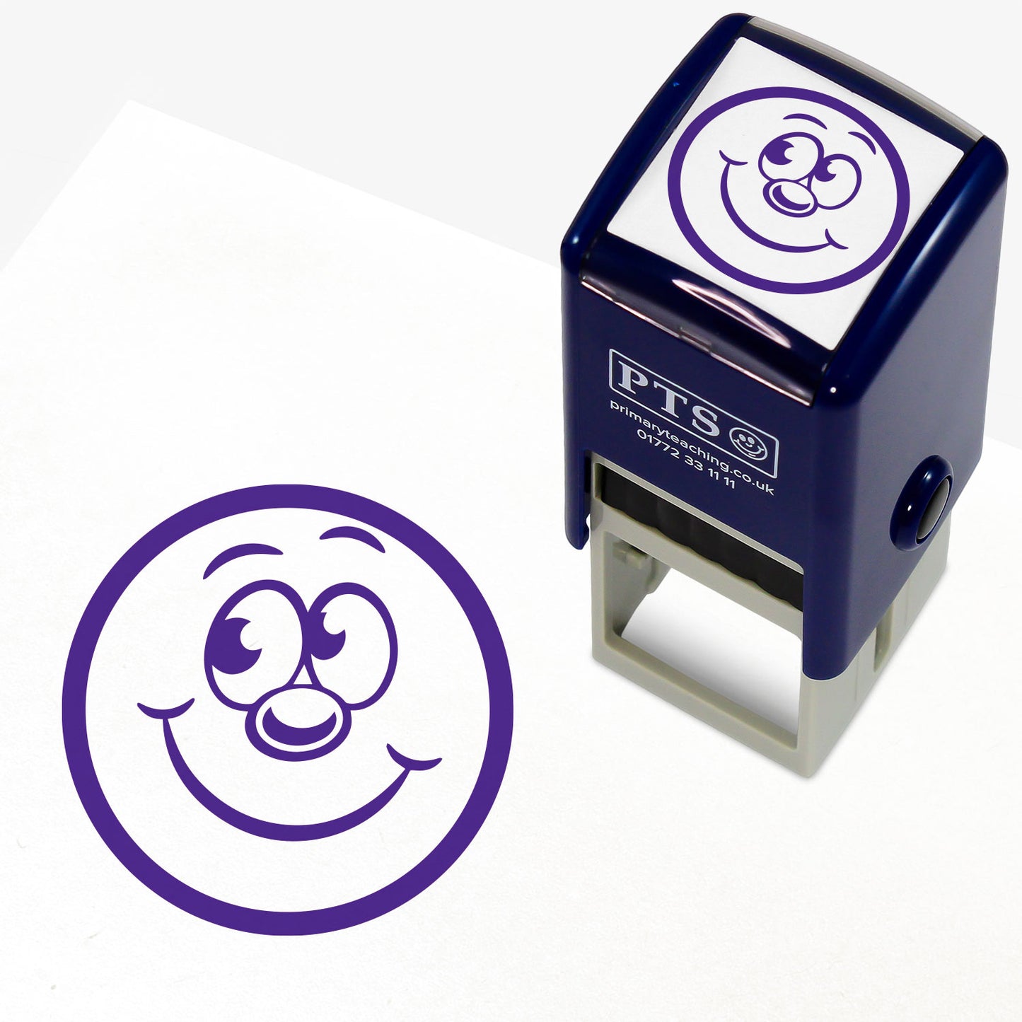Purple 20mm pre-inked stamper featuring a smiling cartoon emoji face