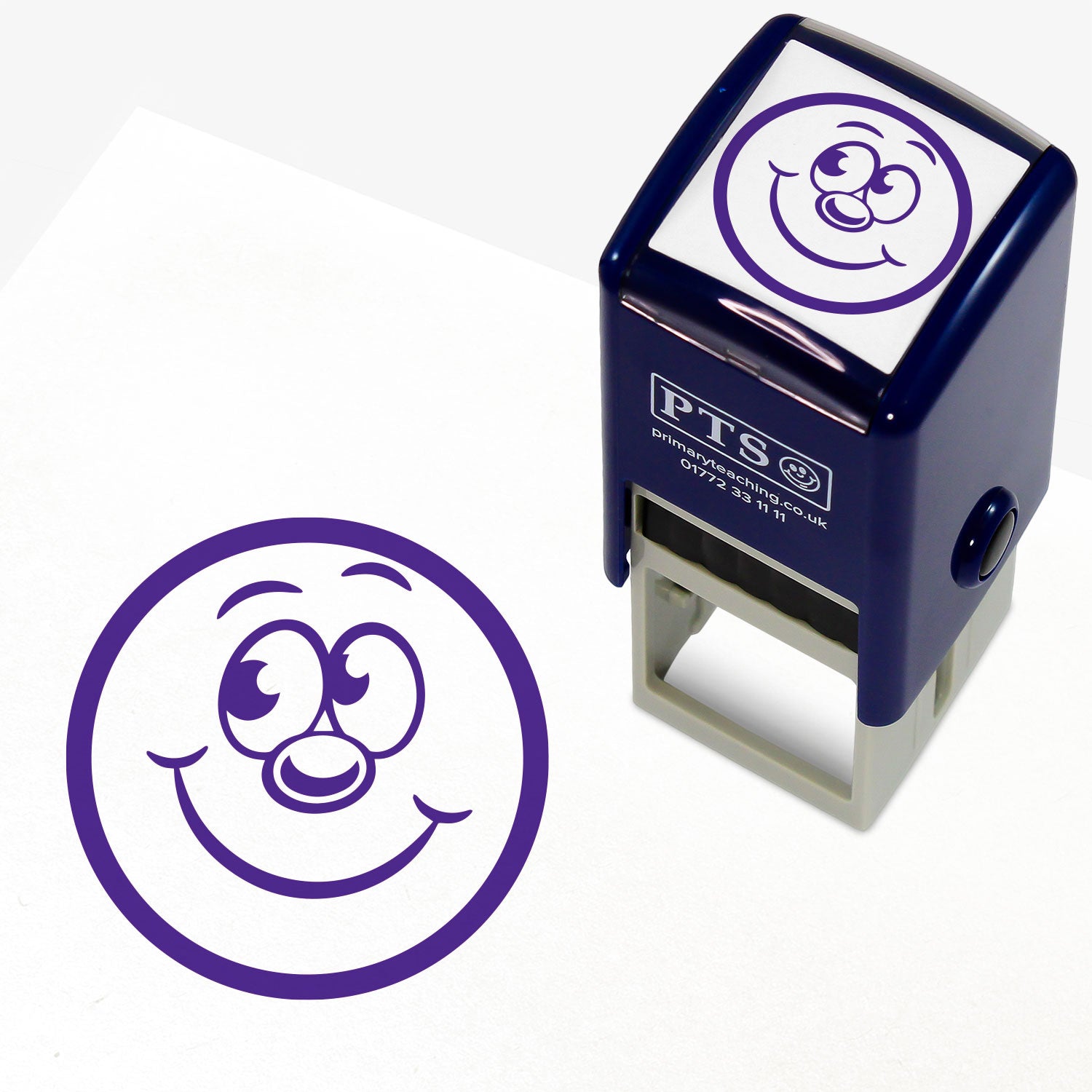 Purple 20mm pre-inked stamper featuring a smiling cartoon emoji face