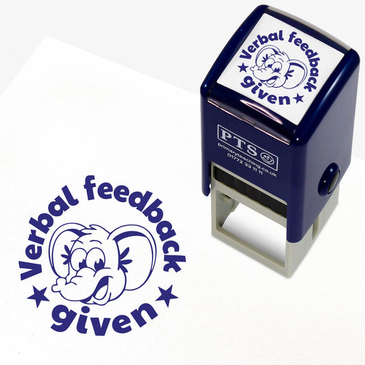 Blue 25mm pre-inked stamper featuring a smiling cartoon elephant surrounded by the phrase 'Verbal feedback given'
