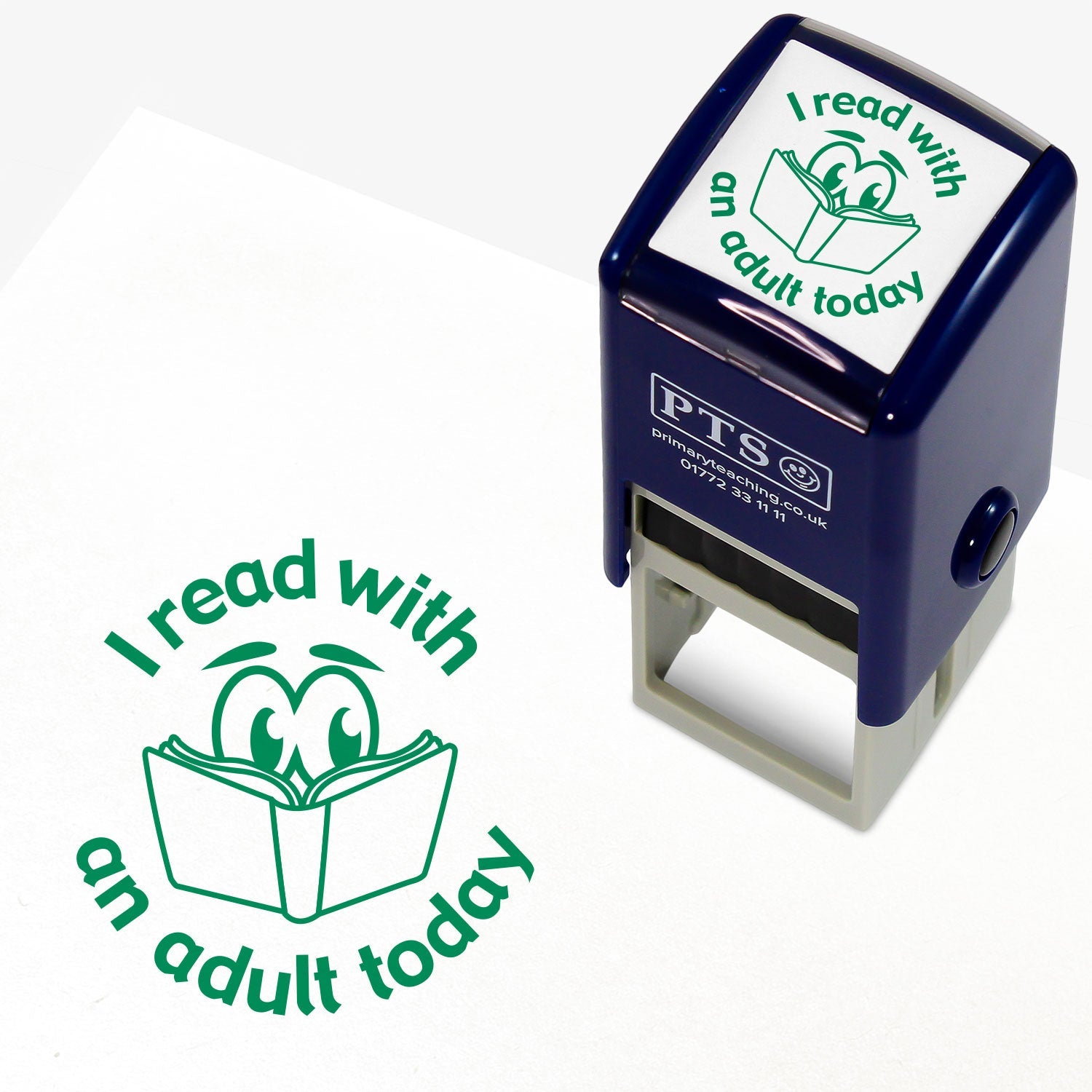 Pre-inked, circular stamper with a 25mm diameter, featuring the phrase 'I read with an adult today' in green text encircling an open book illustration with expressive eyes.