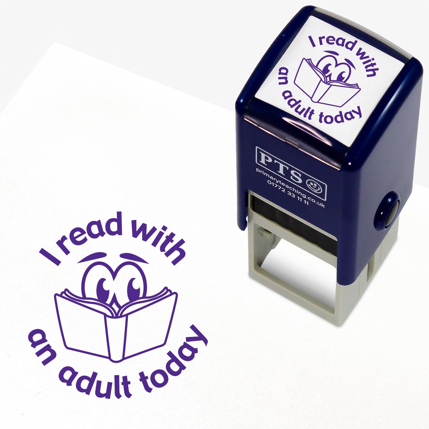 Pre-inked, circular stamper with a 25mm diameter, featuring the phrase 'I read with an adult today' in purple text encircling an open book illustration with expressive eyes.
