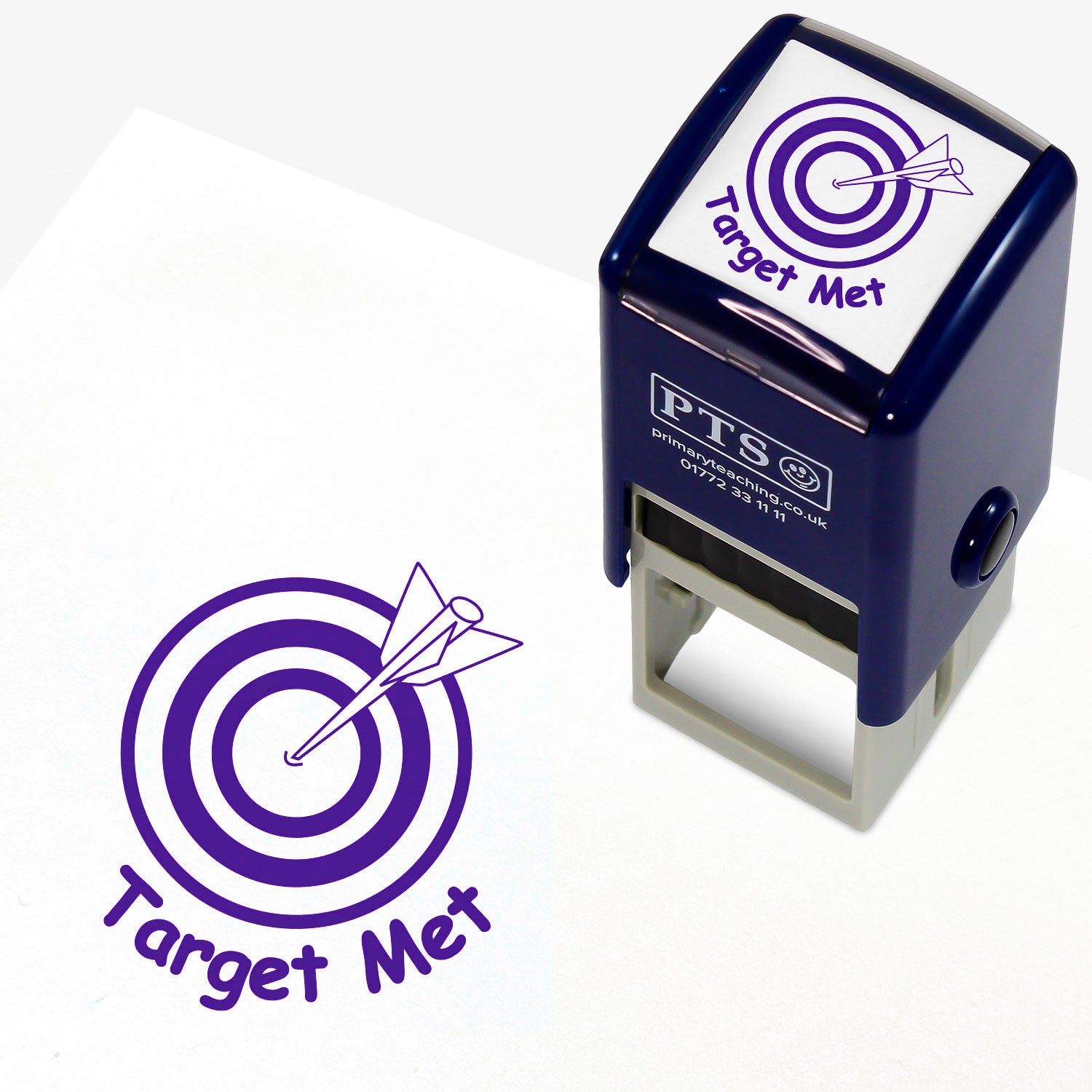 Purple ink 25mm pre-inked stamper featuring an arrow hitting a bullseye in a target with the phrase 'Target Met' underneath.