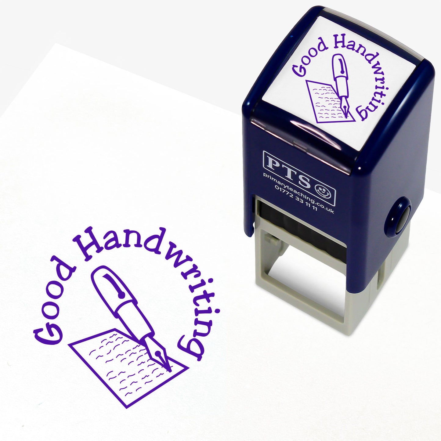 25mm self-inking stamper with purple ink.  The stamp impression shows a central image of a fountain pen writing on a piece of paper with 'Good Handwriting' around the image.