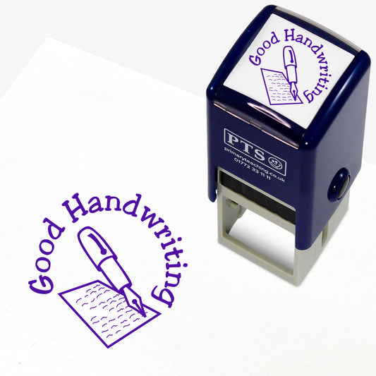 25mm self-inking stamper with purple ink.  The stamp impression shows a central image of a fountain pen writing on a piece of paper with 'Good Handwriting' around the image.