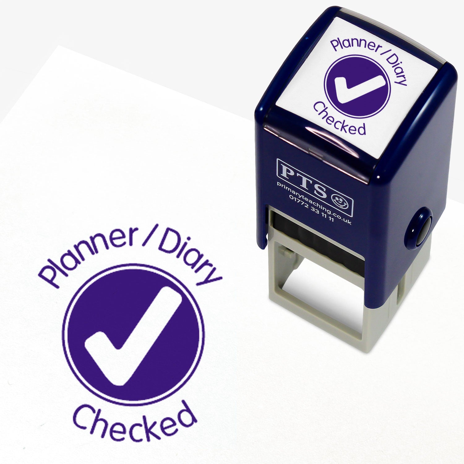 A 25mm round pre-inked teacher stamper with purple ink, featuring a white tick in a solid purple circle, curving above the image is the text 'Planner / Diary' and below the image 'Checked' in a clear, bold font.