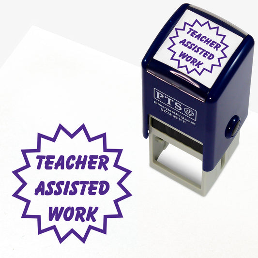 Purple self-inking teacher 25mm stamper displaying the text 'Teacher Assisted Work' within a flash style outline
