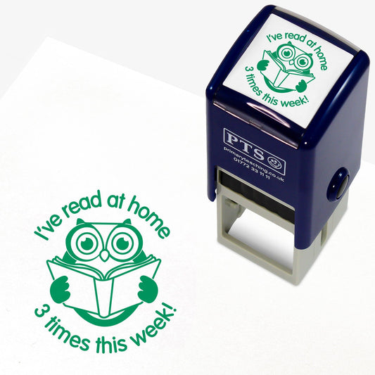 A 25mm green self-inking stamp with a central image of a wise owl reading a book with the phrase 'I've read at home.' above and '3 times this week!' below.