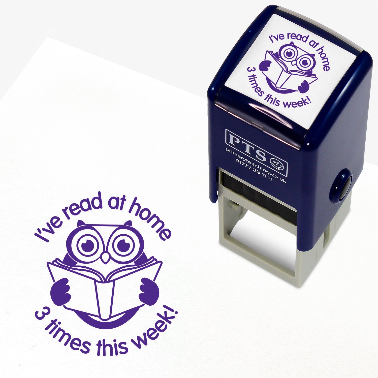 A 25mm purple self-inking stamp with a central image of a wise owl reading a book with the phrase 'I've read at home.' above and '3 times this week!' below.