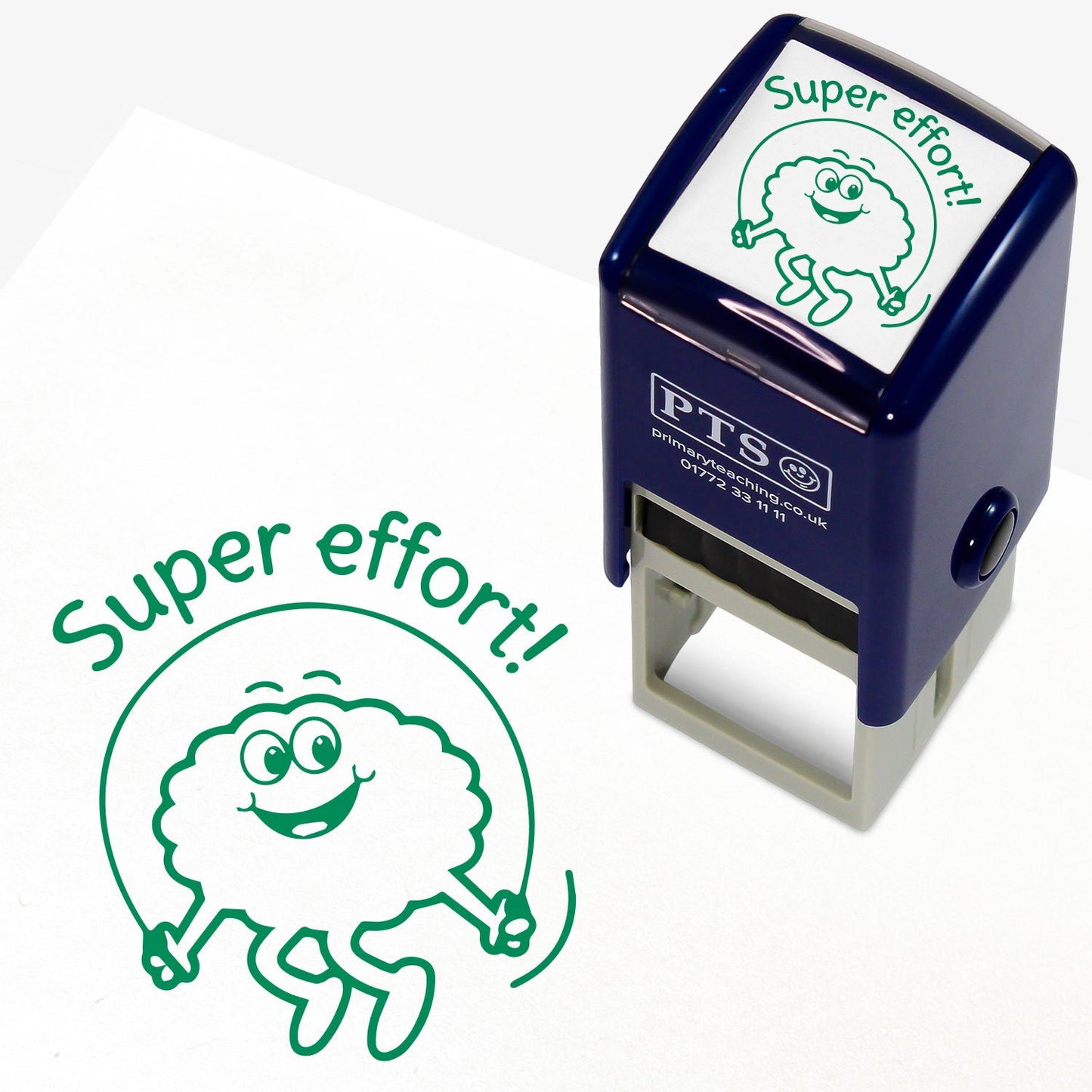 Green self-inking teacher 25mm stamper displaying the text 'Super Effort' above the image of a smiling brain skipping.