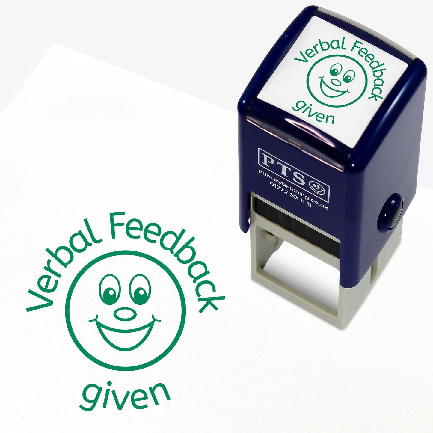 Green 25mm pre-inked stamper featuring a smiling emoji face surrounded by the phrase 'Verbal Feedback given'
