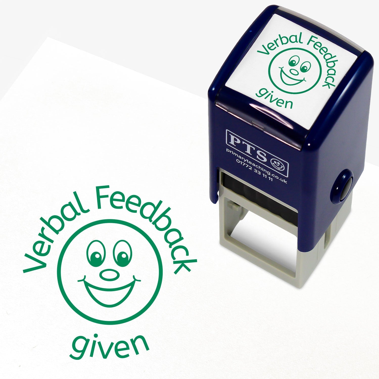 Green 25mm pre-inked stamper featuring a smiling emoji face surrounded by the phrase 'Verbal Feedback given'
