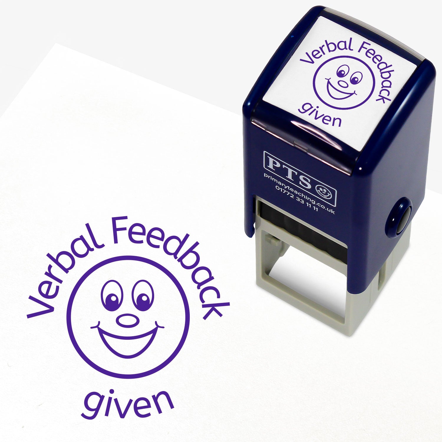 Purple 25mm pre-inked stamper featuring a smiling emoji face surrounded by the phrase 'Verbal Feedback given'