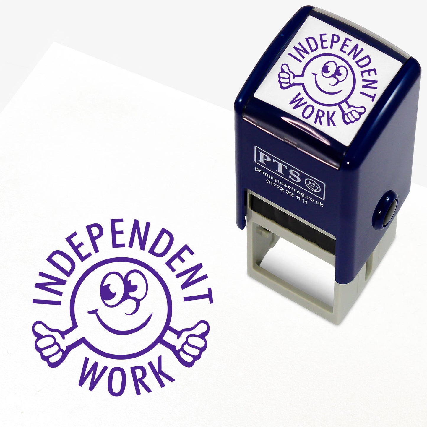 A 25mm round pre-inked teacher stamper with purple ink, featuring a central design of a happy face giving thumbs up, surrounded by the text 'INDEPENDENT WORK' in a clear, bold font.