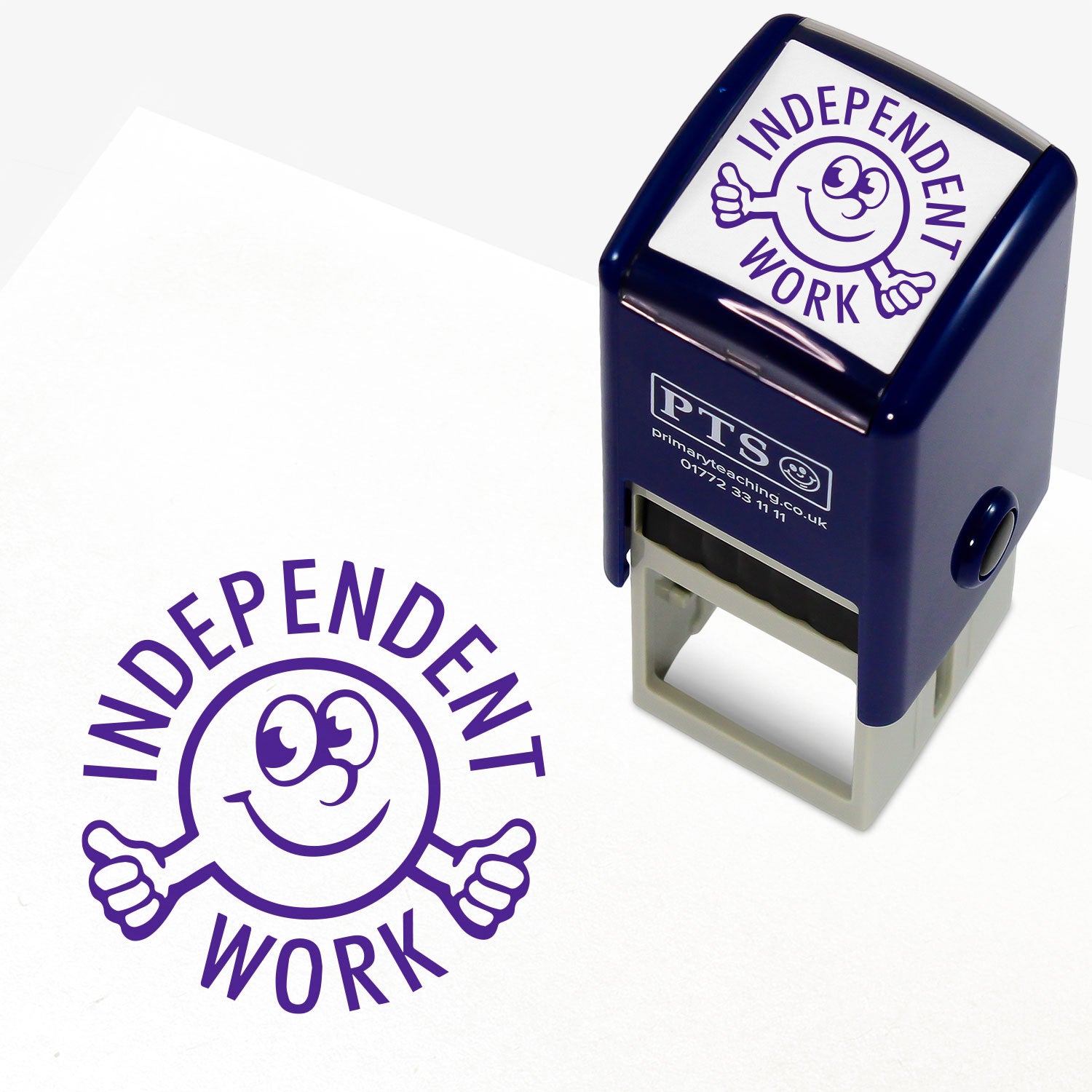 A 25mm round pre-inked teacher stamper with purple ink, featuring a central design of a happy face giving thumbs up, surrounded by the text 'INDEPENDENT WORK' in a clear, bold font.