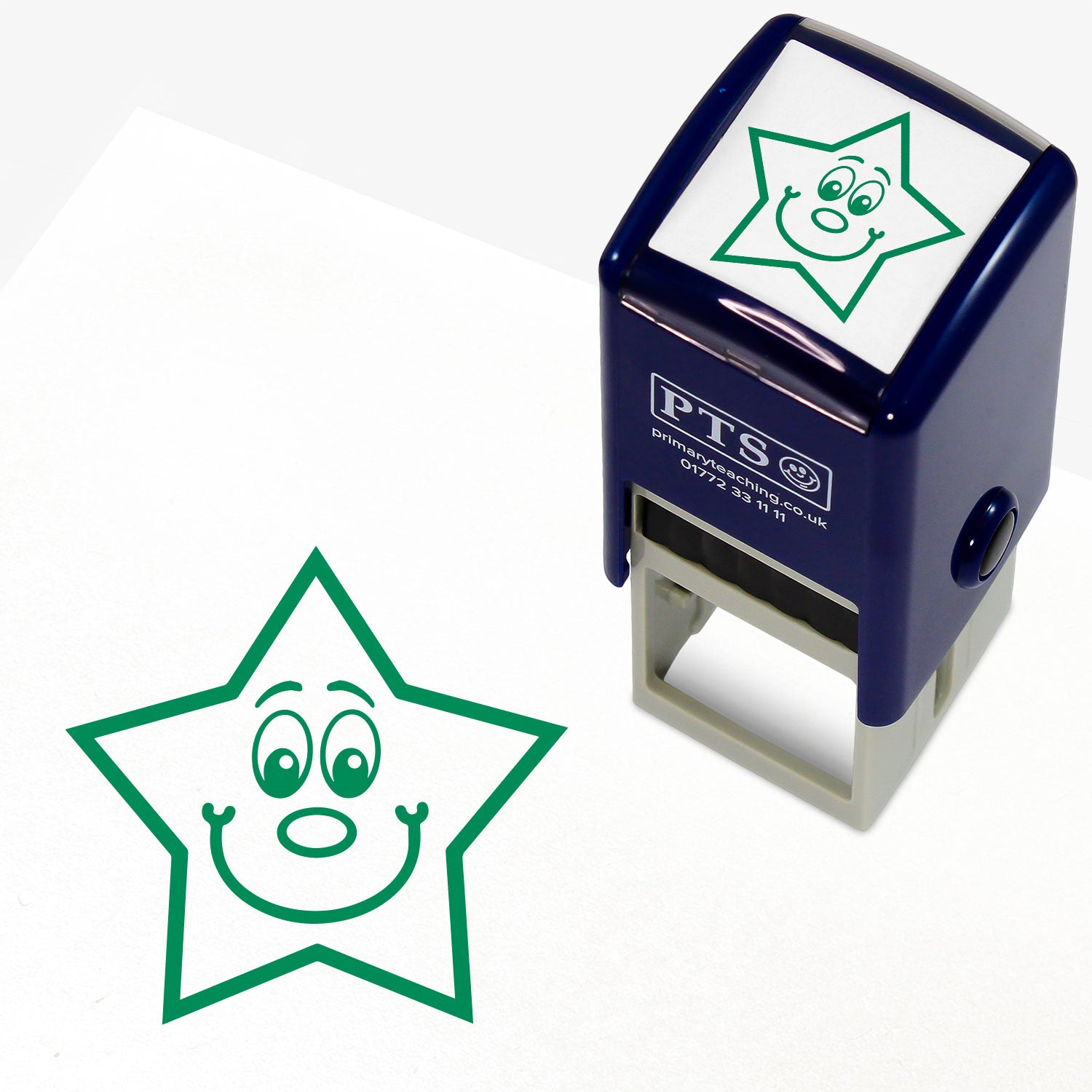 Green 25mm pre-inked stamper featuring a smiling cartoon star  