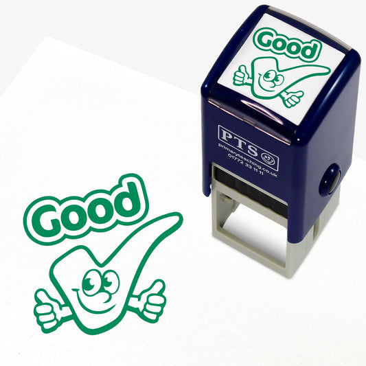 25mm self-inking stamper with green ink.  The stamp impression shows a main image of a smiling tick icon with it's thumbs up and above it the word 'Good'.