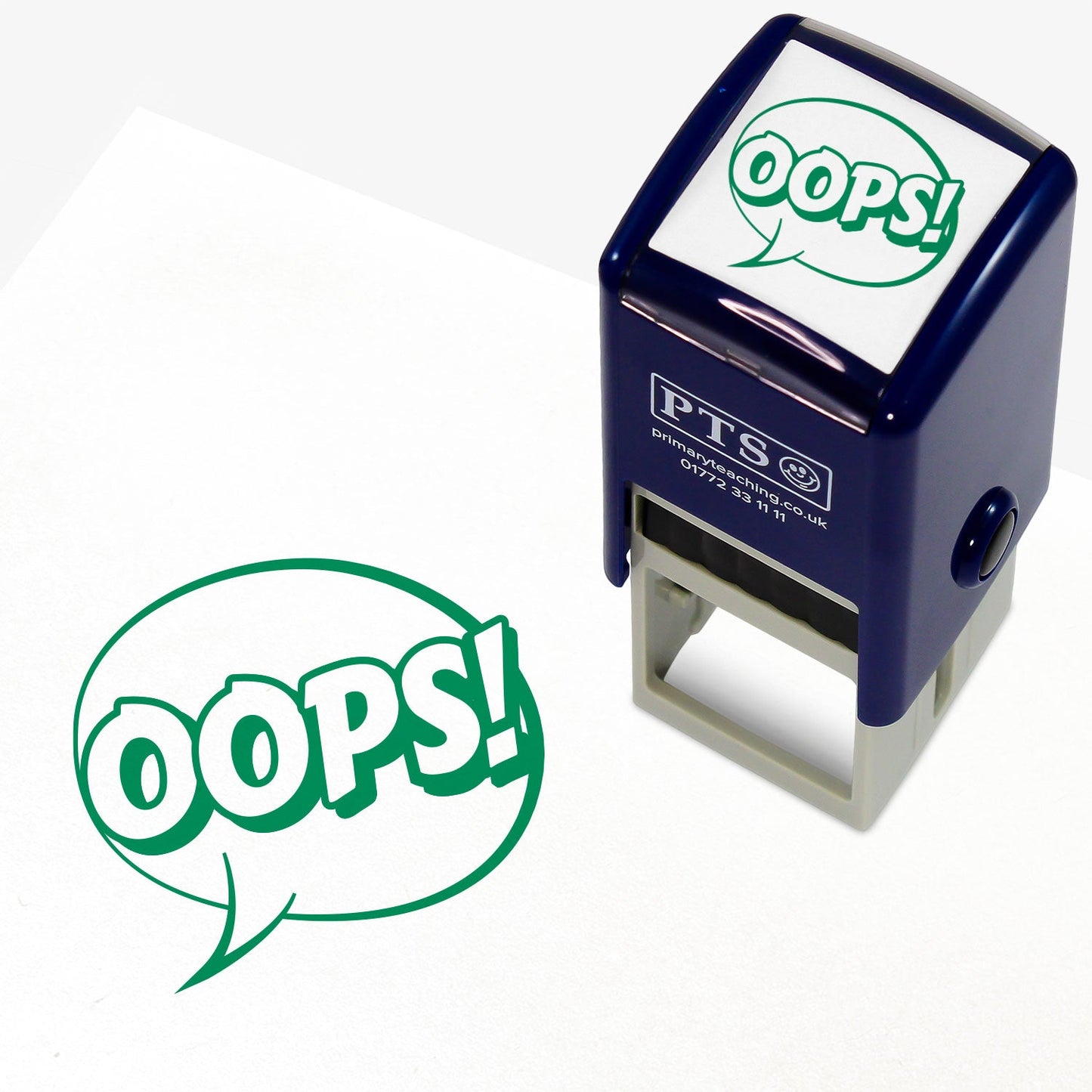 Oops Stamper – 25mm pre-inked teacher stamp featuring a green speech bubble saying 'oops!' 