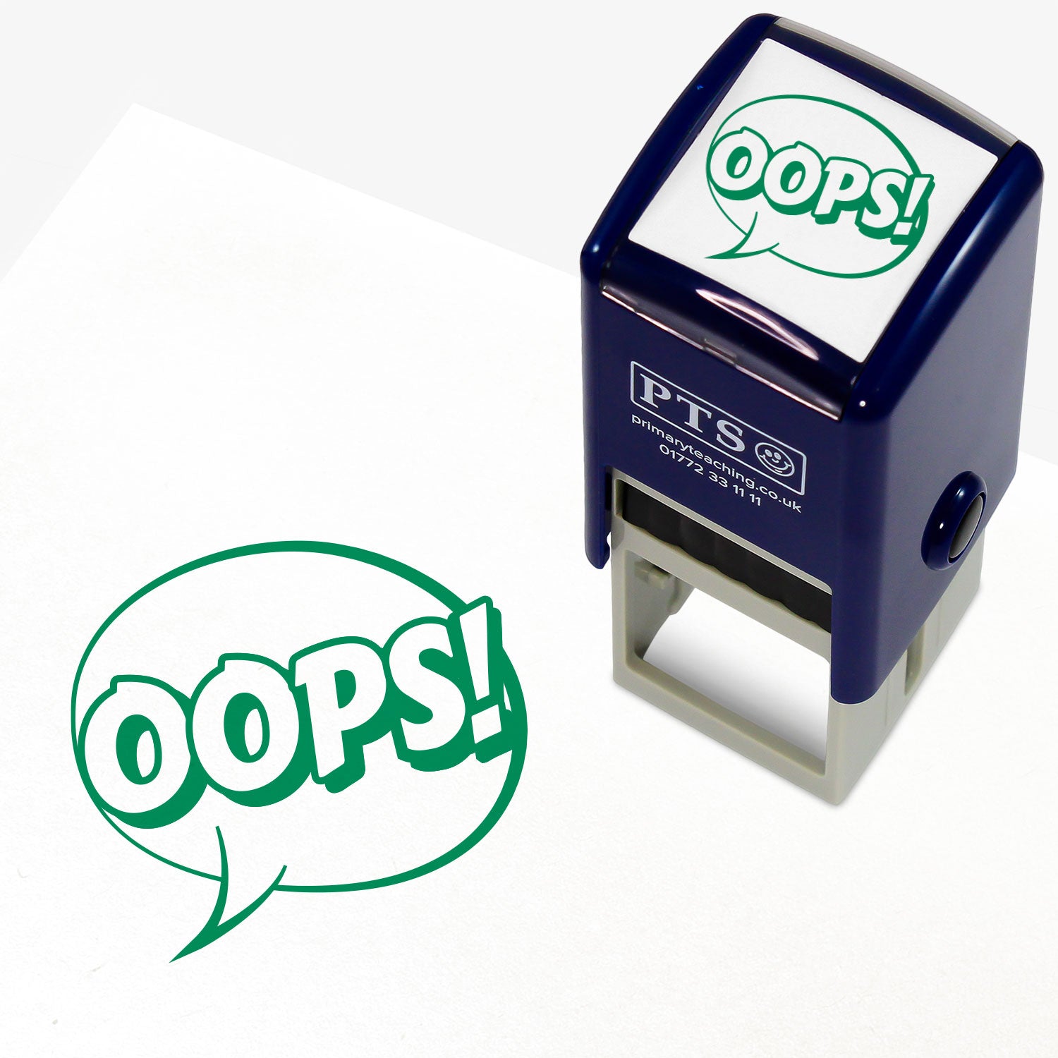 Oops Stamper – 25mm pre-inked teacher stamp featuring a green speech bubble saying 'oops!' 