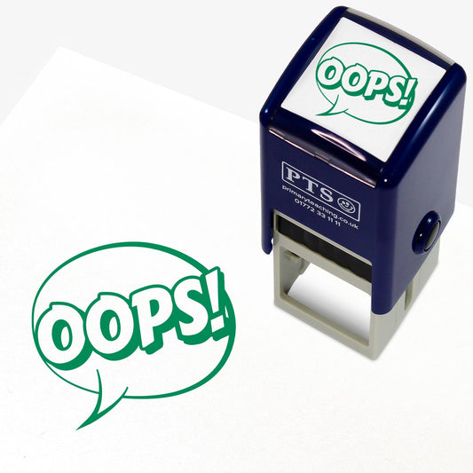 Oops Stamper – 25mm pre-inked teacher stamp featuring a green speech bubble saying 'oops!' 