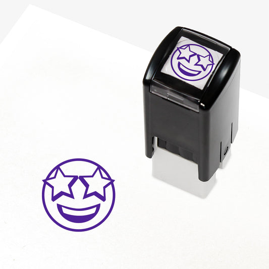 A 10mm self-inking stamp with a purple smiling face emoji with stars for eyes central to the design.