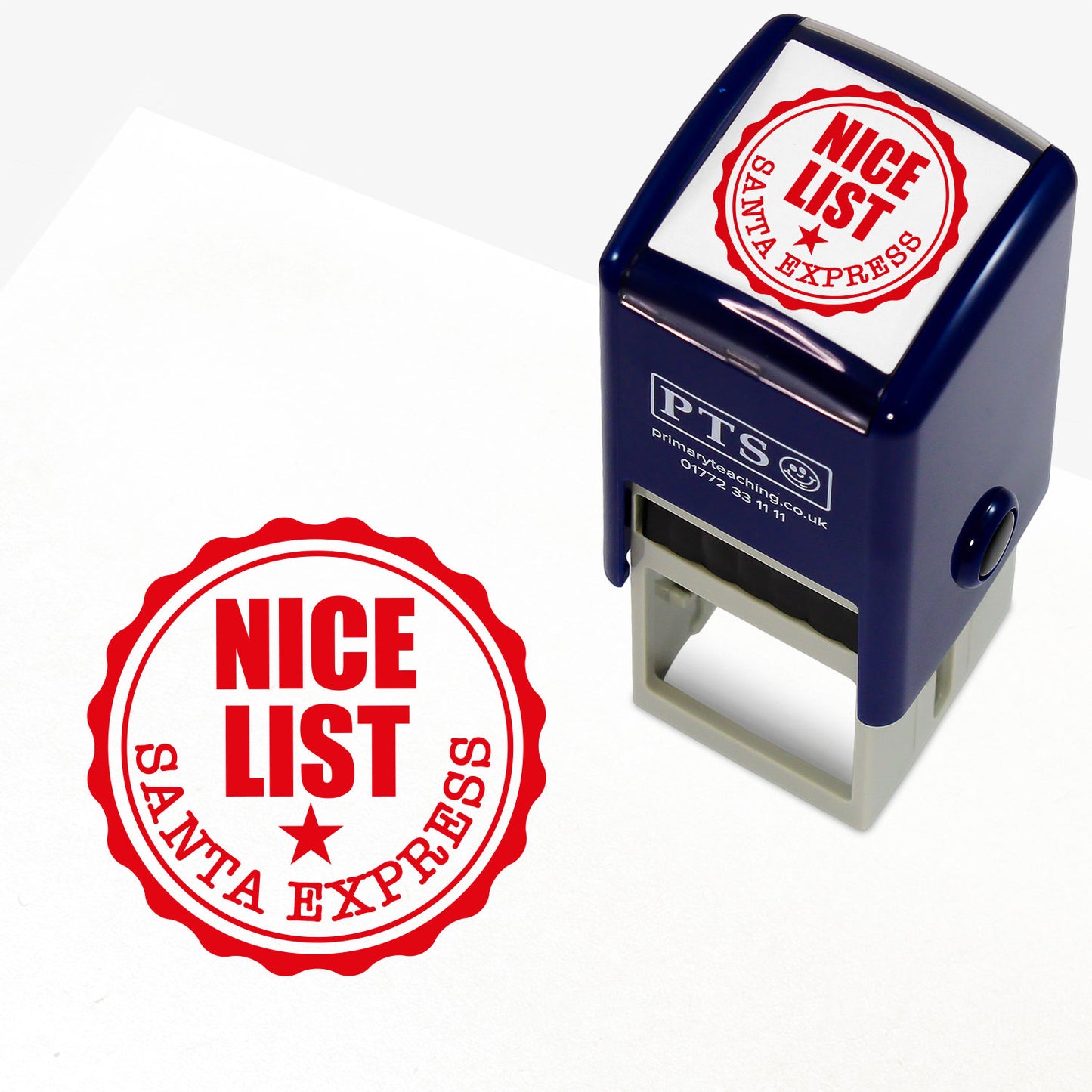 A 25mm square pre-inked stamper with red ink.  The image is as per an official stamp of approval with the central text 'NICE LIST' in red capital letters with a star and bottom curved text of 'SANTA EXPRESS'