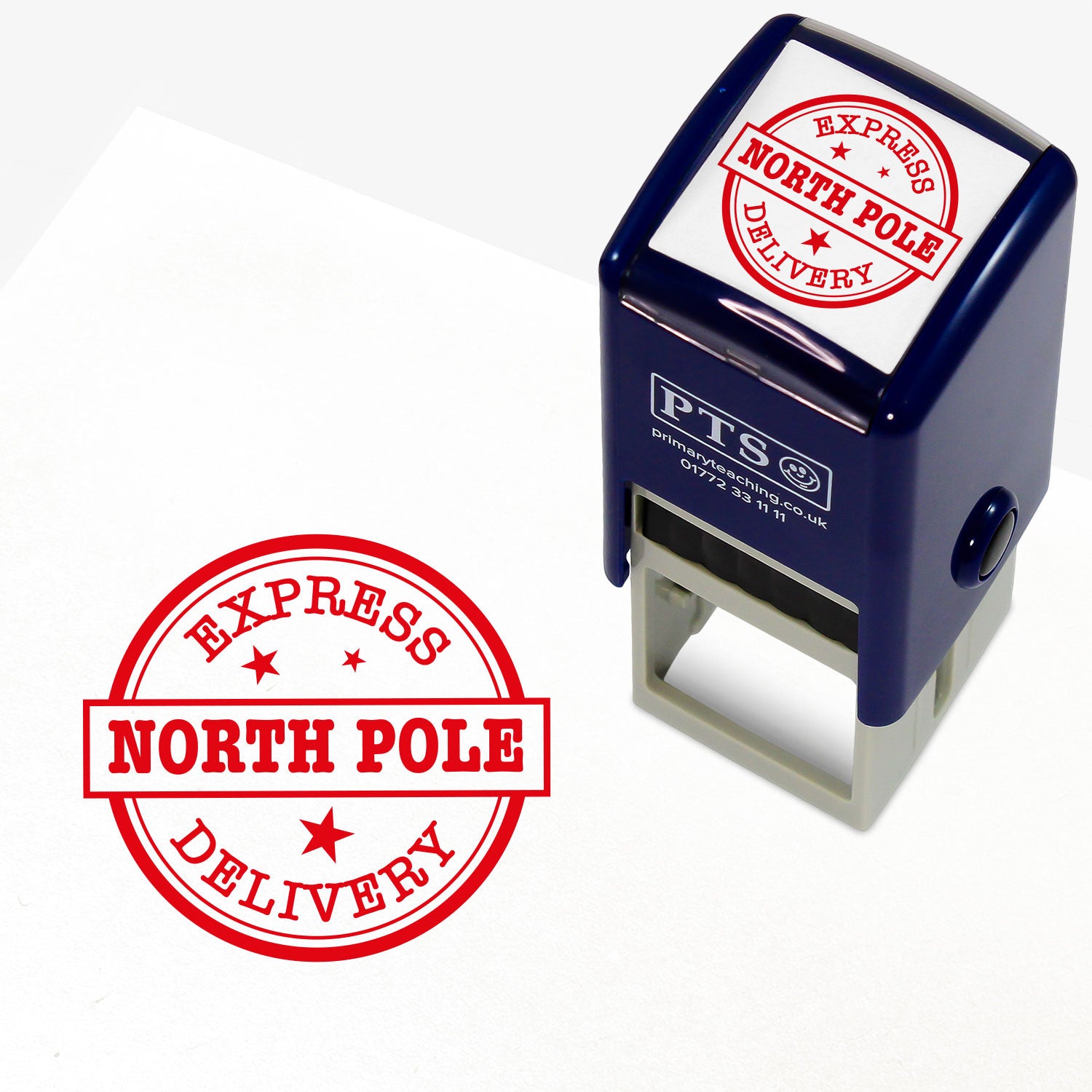A self-inking rubber stamp with a circular red design reading 'EXPRESS DELIVERY' around the edge and 'NORTH POLE' in bold within a banner across the centre