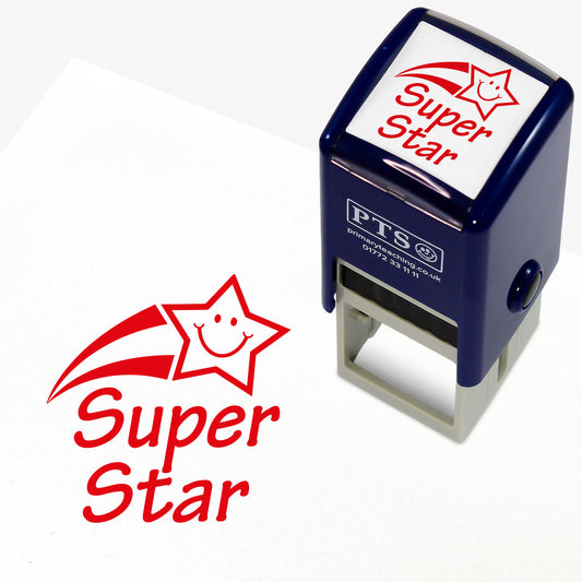 Red 25mm Self-inking teacher stamp with the phrase 'Super Star' in bold red text with a shooting, smiling star above it.