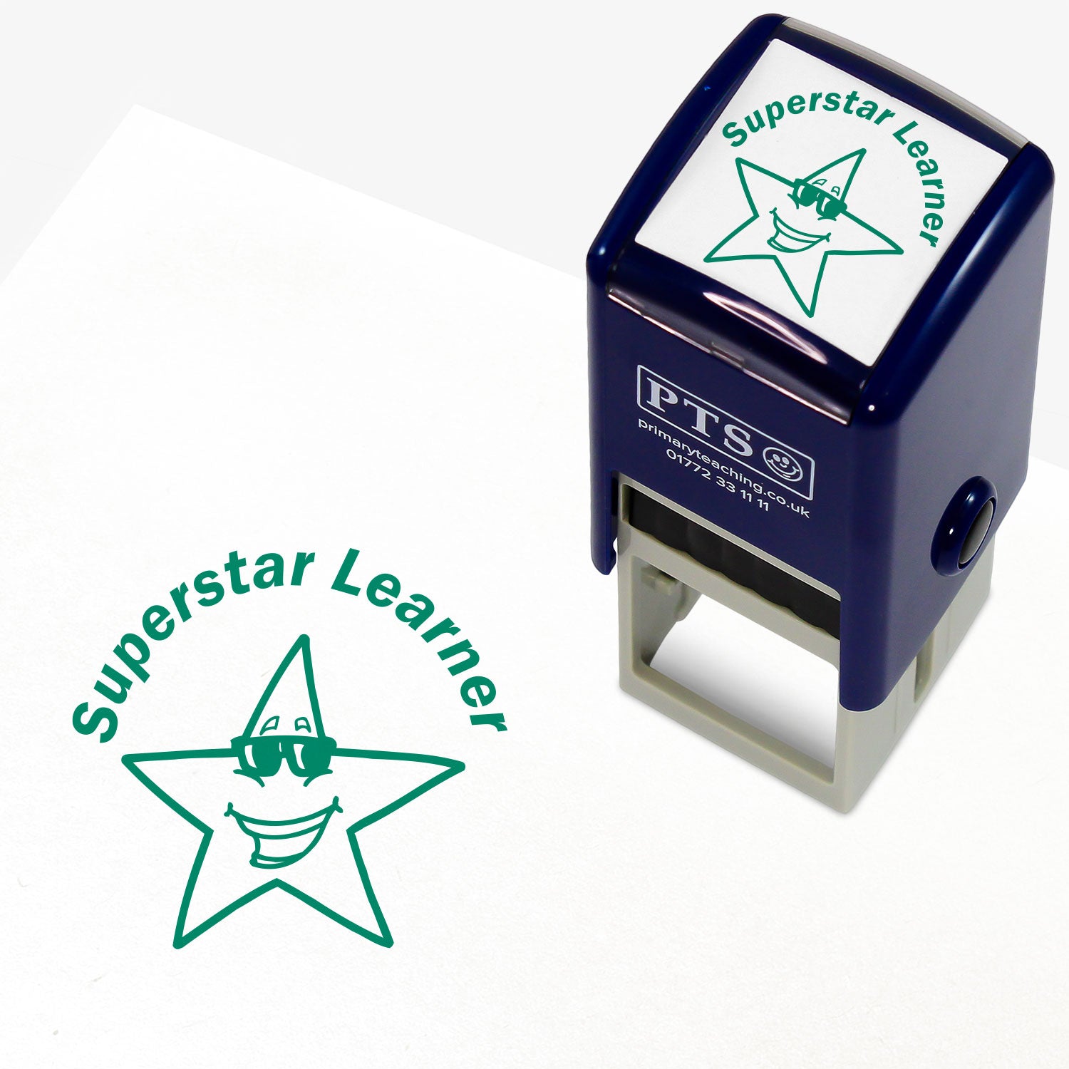 Green self-inking teacher 25mm stamper displaying the text 'Superstar Learner' above a cartoon style smiling star wearing sunglasses.