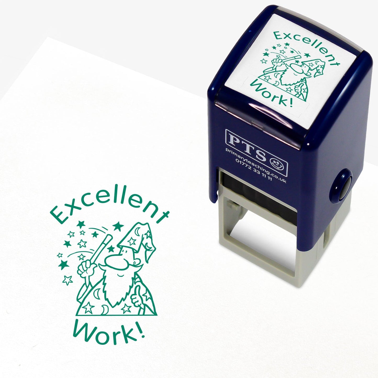 The image shows a 25mm stamper with the phrase 'Excellent Work!' alongside a graphic of a wizard. An example of the stamp's imprint is also displayed, demonstrating the green ink used.