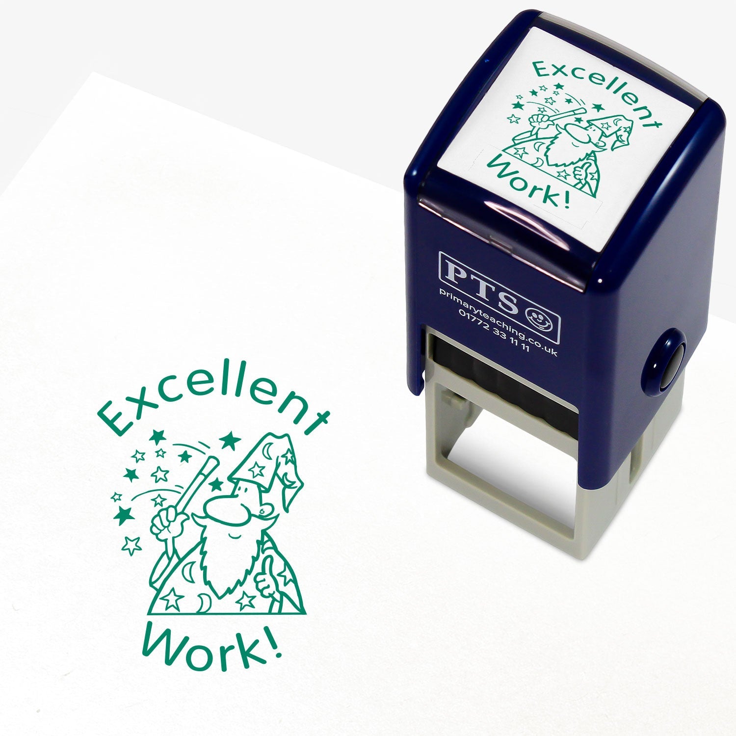 The image shows a 25mm stamper with the phrase 'Excellent Work!' alongside a graphic of a wizard. An example of the stamp's imprint is also displayed, demonstrating the green ink used.