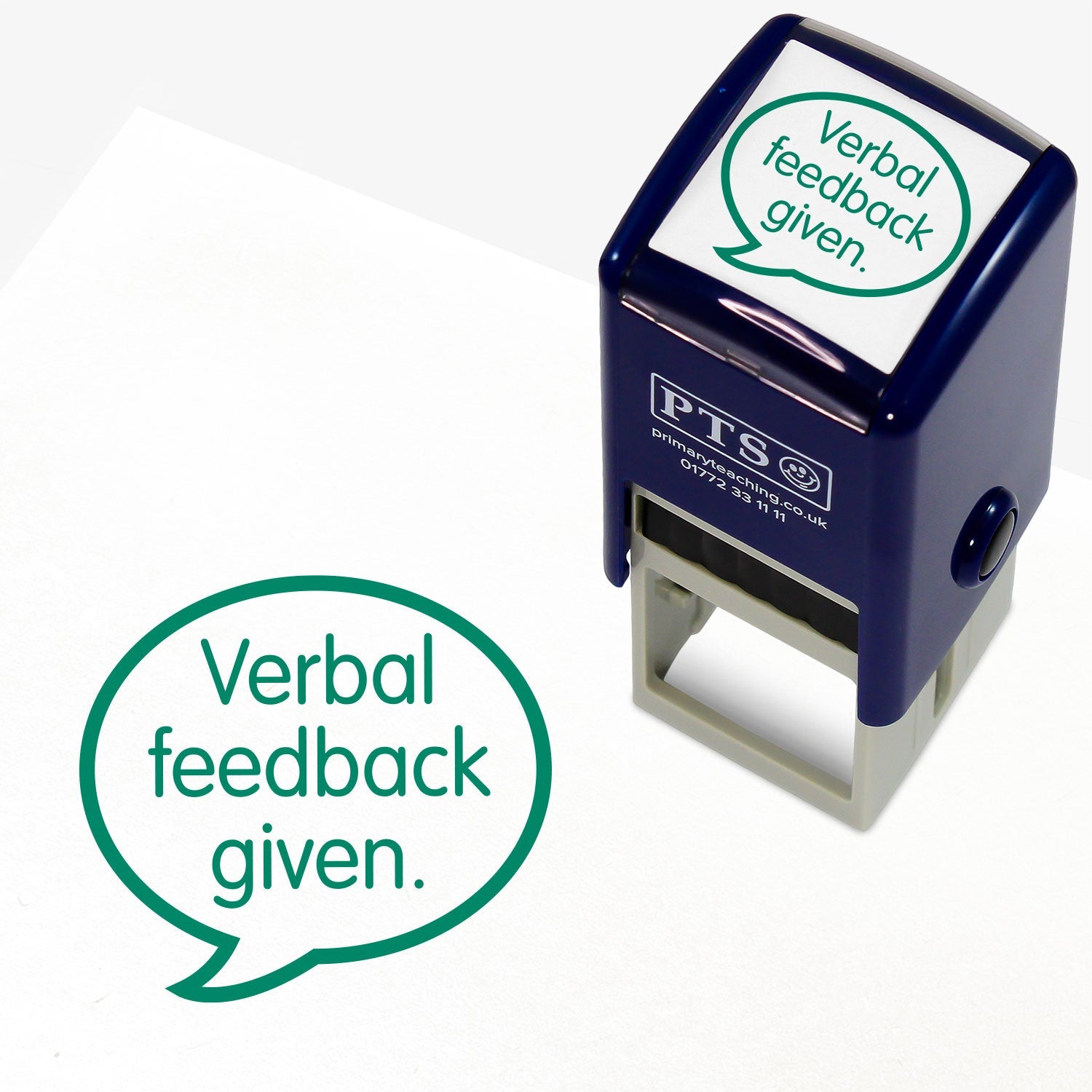 Green 25mm pre-inked stamper featuring a speech bubble with the text 'Verbal feedback given.' central to it.